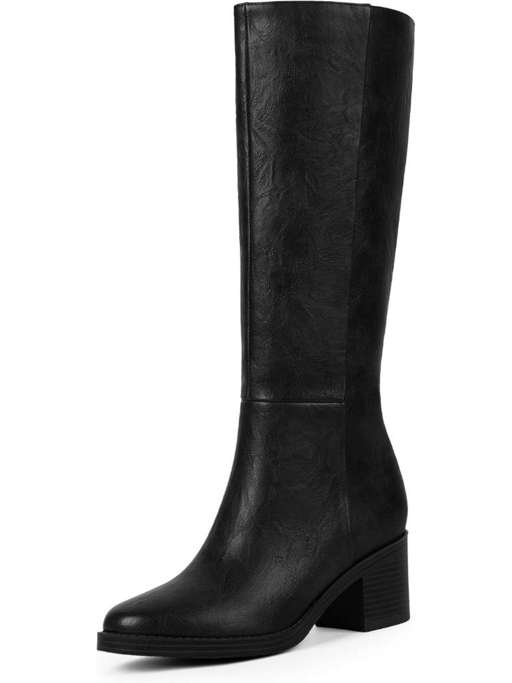 Women's Retro Black Chunky Low Heel Round Toe Tall Long Roomy Toe Knee High Boot